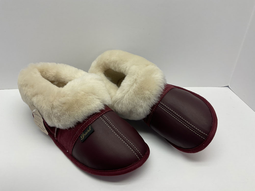 Pantoufles cuir / suede Bourgogne Femme / doublure mouton blanc - Mouton Blanc